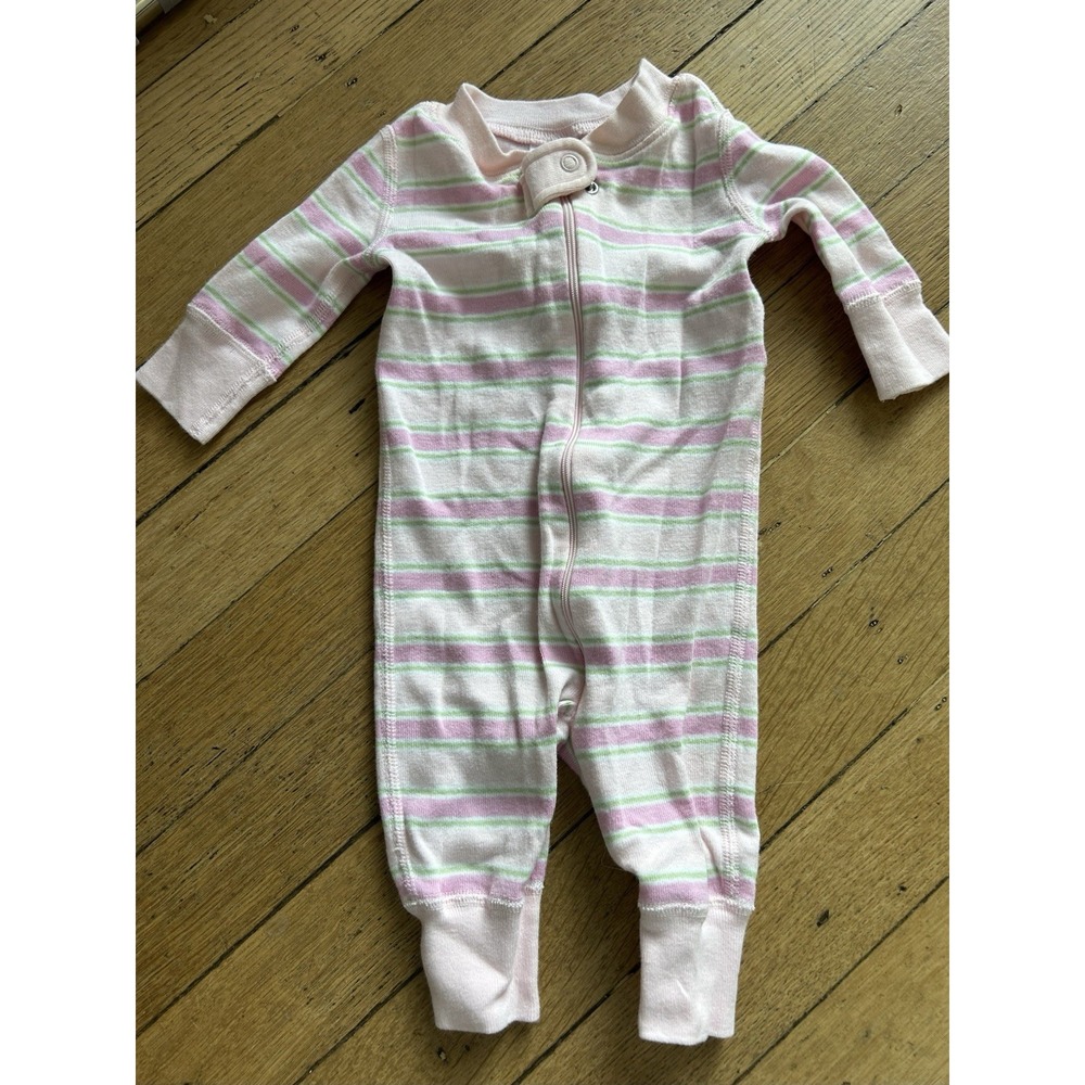 Hanna Andersson Pink White Green Striped Footless Organic Sleeper Pajama 0-6 M